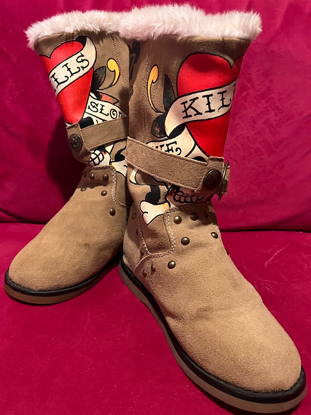Ed Hardy Love Kills Slowly Tattoo Suede Buckle Boots Sz 8 Faux Fur Y2K Studded